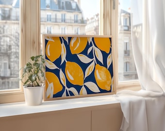 Lemons on Blue Art Print, Retro Kitchen Decor (Digital Download)