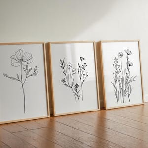 Botanical Line Art Set of 3, Neutral Floral Posters, Flower Line Decor, Minimalist Prints, Living Room Boho Wall Art, Modern Home Printable
