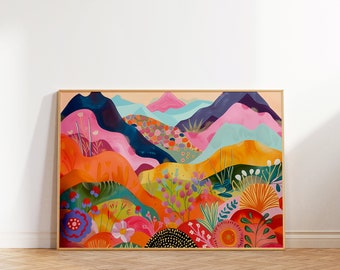 Abstract Mountain Floral Art Print, Colorful Scenery (Digital Download)