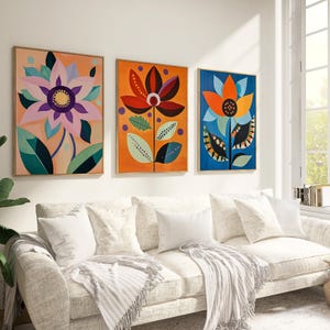 Bold Colorful Flowers Wall Art Set of 3, Nordic Art Prints, Scandinavian Decor, Norwegian Folk Art, Floral Print, Bedroom Living Room Decor