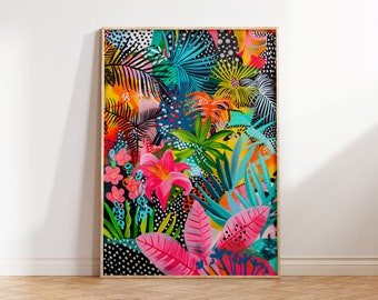 May include: A framed print of a colorful abstract painting featuring a variety of tropical plants and flowers. The artwork is dominated by vibrant pink, blue, green, and yellow hues, creating a lively and energetic feel.