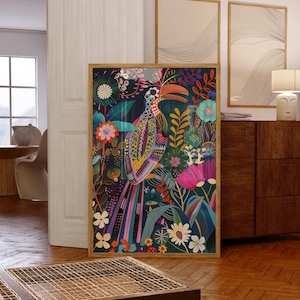 Colorful Bird Floral Wall Art, Abstract Flower Nature Maximalist Print, Vibrant Bird Decor, Eclectic Jungle Poster, Modern Animal Wall Art