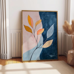 Orange Blue Botanical Wall Art, Modern Floral Dusty Blue Soft Pink Decor, Minimalist Poster, Colorful Plant Print, Eclectic Boho Decor
