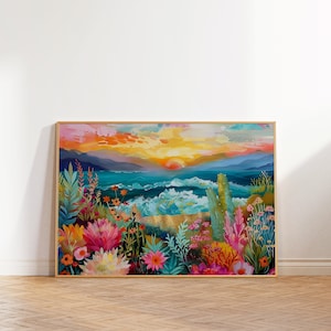 May include: A colourful painting depicting a sunset over a blue ocean with waves breaking on the shore. The foreground features a variety of flowers and plants in shades of pink, red, orange, yellow, and green.