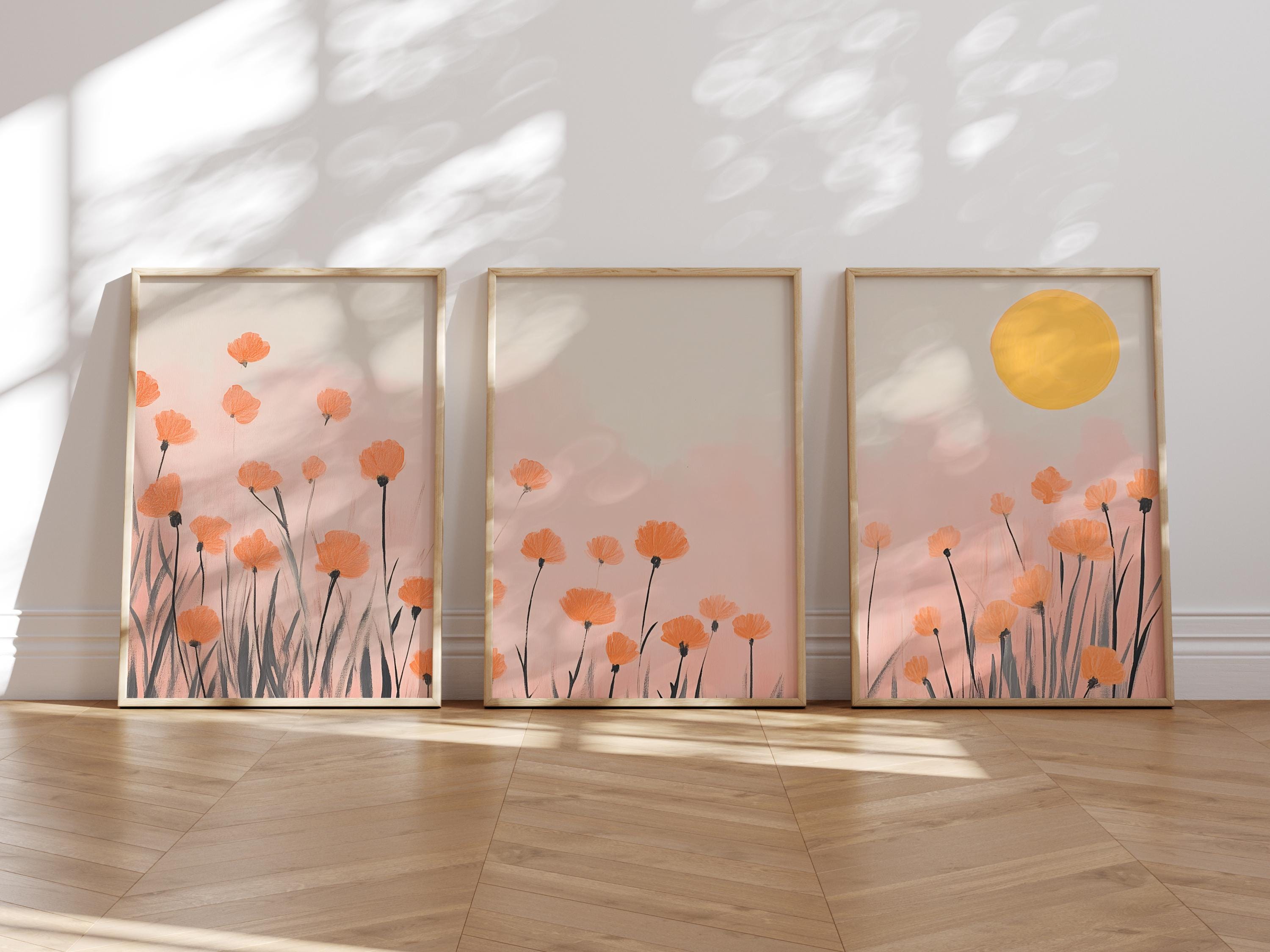Colorful Orange Flowers Landscape Wall Art Set of 3, Vibrant Pastel Floral Print, Sunset Decor, Bright Scenery Illustration, Printable Art