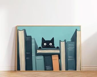 Black Cat Reading in Library Art Print (Digital Download)