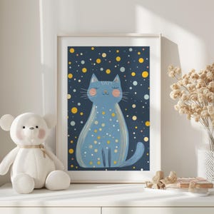 Cat and Stars Children&#39;s Room Wall Art, Night Sky Cat Print, Animal Illustration, Cute Cat Nursery Decor, Kids Room Poster, Cat Playroom Art