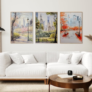 New York Spring Summer Autumn Prints Set of 3, NYC Skyline Watercolor Art, Seasons Cityscape Wall Art, Travel Posters, Housewarming Gift