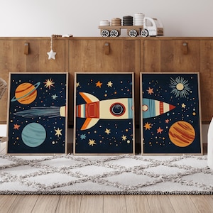Juego de 3 impresiones de cohetes espaciales para pared, impresión de cohetes retro, decoración de viajes espaciales para habitación de niños, arte infantil, póster para habitación de niños, impresiones para dormitorio infantil