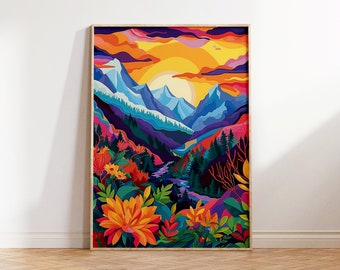 Maximalist Wildflowers Landscape Wall Art, Vibrant Floral Print, Colorful Vibrant Mountain Art, Acrylic Illustration Poster, Sunset Scenery