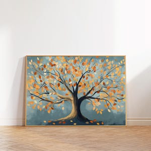 Autumn Tree Art Print, Abstract Nature Paintings, Colorful Bright Tree Decor, Blue Orange Tree Wall Art, Abstract Dusty Blue Tree Decor
