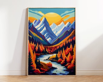 Maximalist Landscape Wall Art, Vibrant Floral Print, Colorful Vibrant Mountain Art, Acrylic Illustration Poster, Sunset Scenery Digital Art