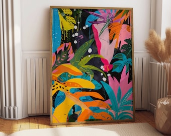 May include: Abstract art print featuring a colorful and vibrant jungle scene with large leaves in shades of yellow, orange, pink, blue, and green against a black background.