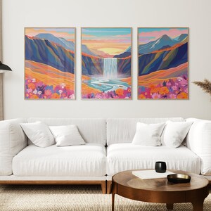 Colorido paisaje de río de montaña conjunto de arte de pared de 3, acrílico vibrante abstracto maximalista, decoración de cascada al atardecer, estampados de ilustraciones florales