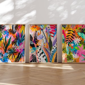 Buntes Blumenwandkunst-Set von 3, abstraktes lebendiges Blumendekor, trendige helle Kunst, druckbarer eklektischer Druck, Maximalist-Dschungel-Kunstplakat