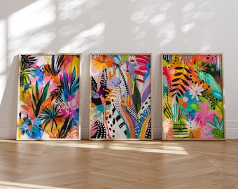 Colorful Floral Wall Art Set of 3, Abstract Vibrant Flower Decor, Trendy Bright Art, Printable Eclectic Print, Maximalist Jungle Art Poster