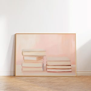 Book Lover Print, Stack of Books Wall Art, Bookworm Painting, Pastel Printable Books Art, Reading Decor, Library Art, Soft Pink Esthetic Art