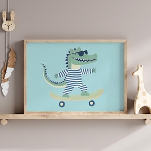 Arte de pared para sala de juegos con cocodrilo en patineta, póster infantil de caimán juguetón, estampado colorido de animal para guardería, decoración divertida y adorable para habitación de niños.