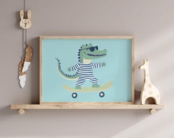 Skateboarding Crocodile Nursery Print, Playful Alligator Art (Digital Download)