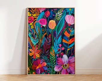 Colorful Acrylic Flowers Wall Art, Maximalist Print, Modern Vibrant Floral Wall Decor, Trendy Art, Printable Eclectic Art, Tropical Flowers