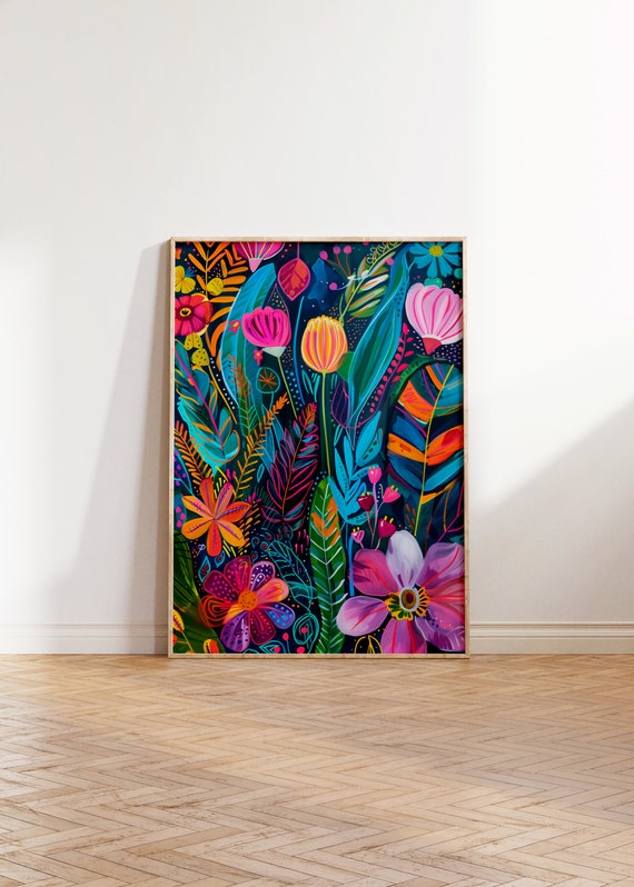 Colorful Acrylic Flowers Wall Art, Maximalist Print, Modern