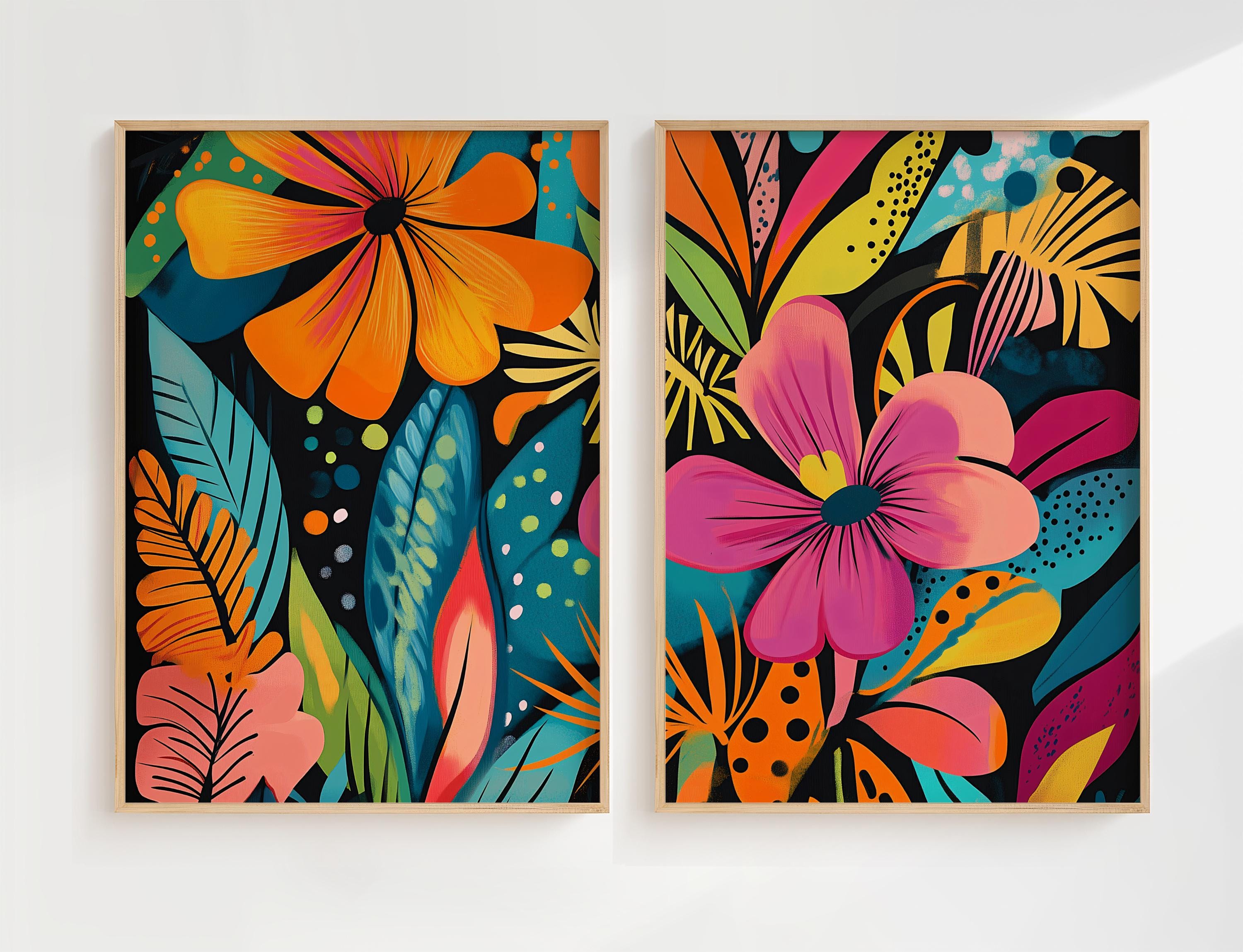 Floral Print Set, Colorful Tropical Flowers, Eclectic Wall Art