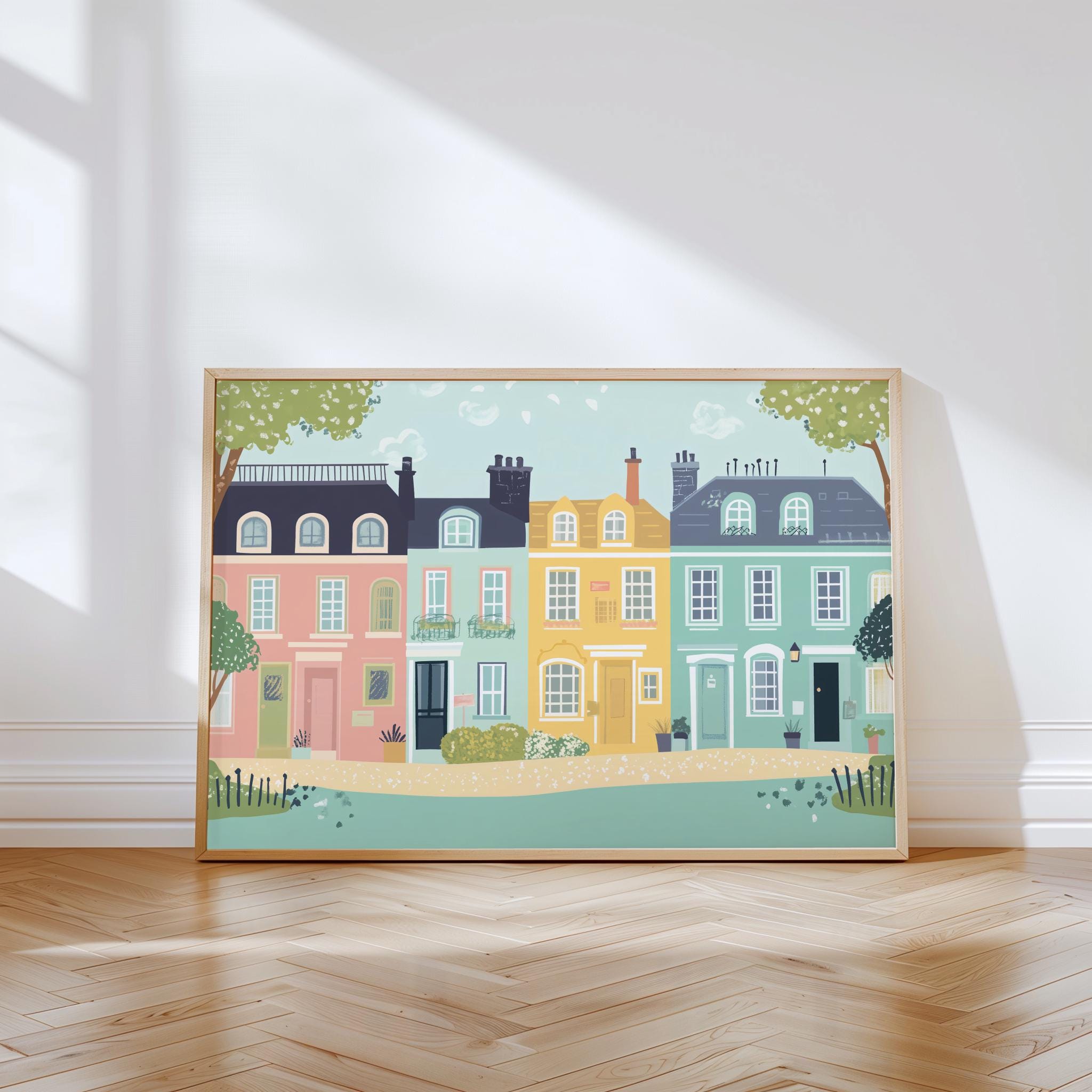 Colorful Townhouses Art Print, Whimsical Cityscape (digital