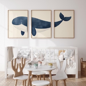 Blue Whale Set of 3 Prints, Printable Playroom Wall Art, Kids Room Poster, Sealife Nursery Decor, Boys Bedroom Animal Art, Cute Whale Art
