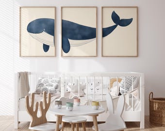 Blue Whale Print Set, Sealife Nursery Decor (Digital Download)