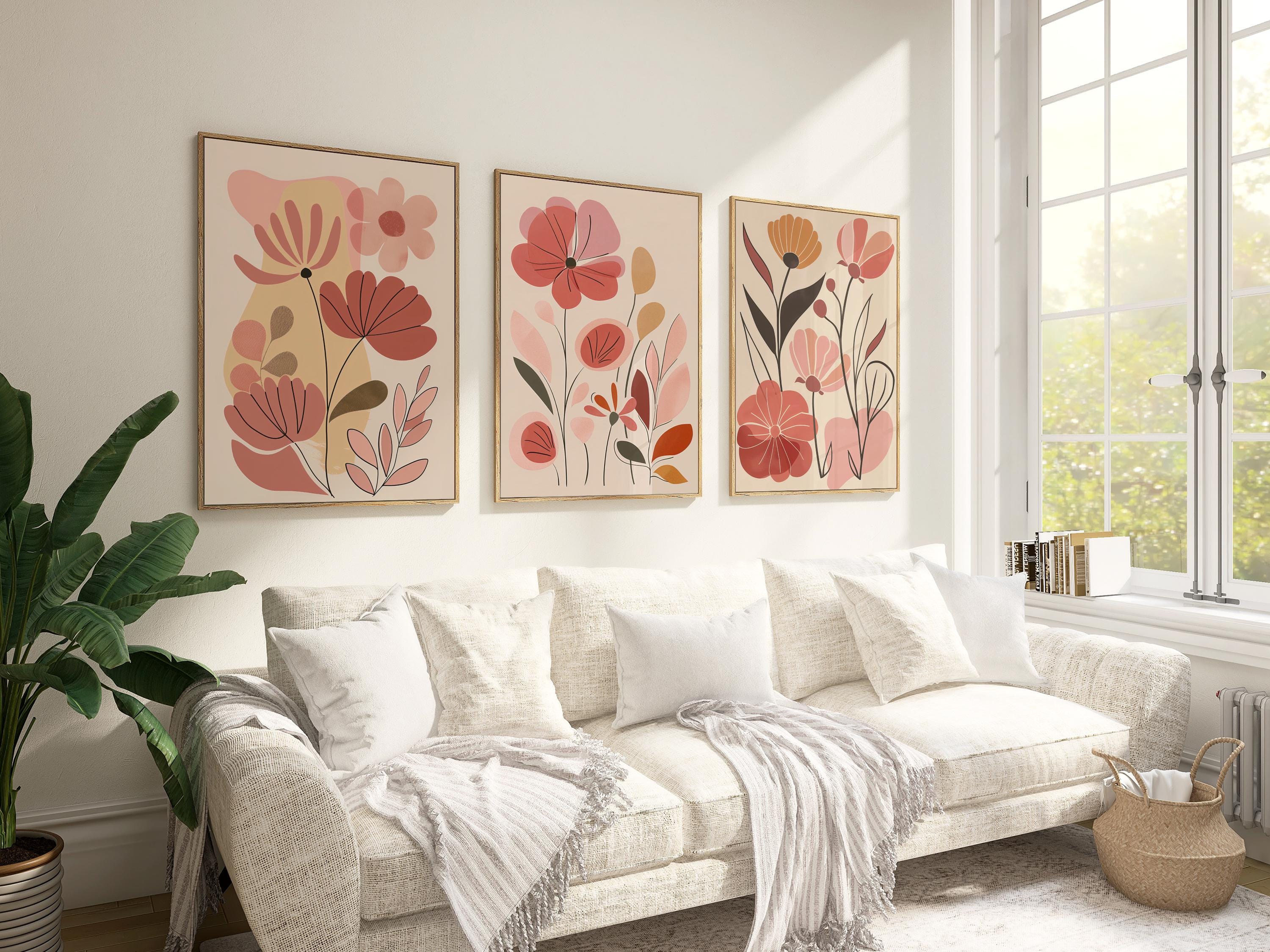 Flowers Boho Abstract Print Set of 3, Floral Wall Art, Botanical Print ...