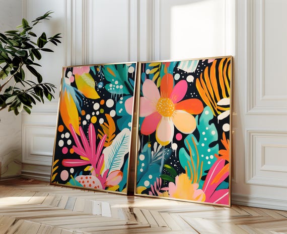 Abstract Vibrant Flower Art Set of 2, Maximalist Floral Modern