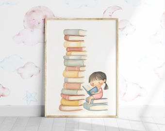 Girls Reading Room Pastel Art Print, Bookworm Decor (Digital Download)