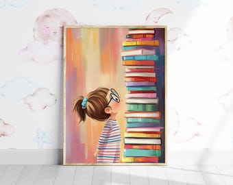 Pastel Reading Girl Art Print, Bookworm Decor (Digital Download)