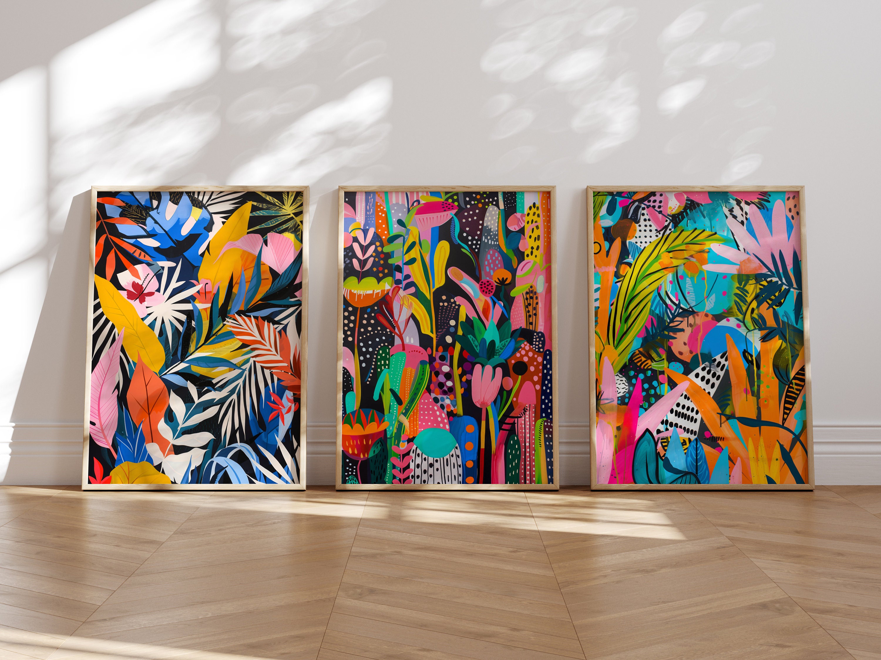 Vibrant Floral Wall Art Set of 3, Abstract Colorful Flower Decor, Trendy Bright Art, Printable Eclectic Print, Maximalist Jungle Art Poster