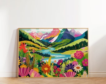 Vibrant Floral Landscape Art Print, Colorful Mountain Scenery (Digital Download)
