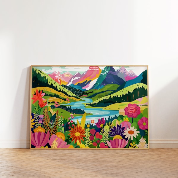 Vibrant Landscape Wall Art, Maximalist Floral Print, Abstract Colorful Mountain Art, Acrylic Illustration Poster, Modern Scenery Digital Art