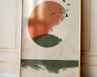 Japandi Abstract Sun and Birds Art Print (Digital Download)
