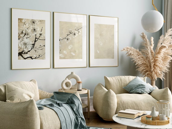 Japandi Cherry Blossom Wall Art Set, Scandi Floral Print (digital