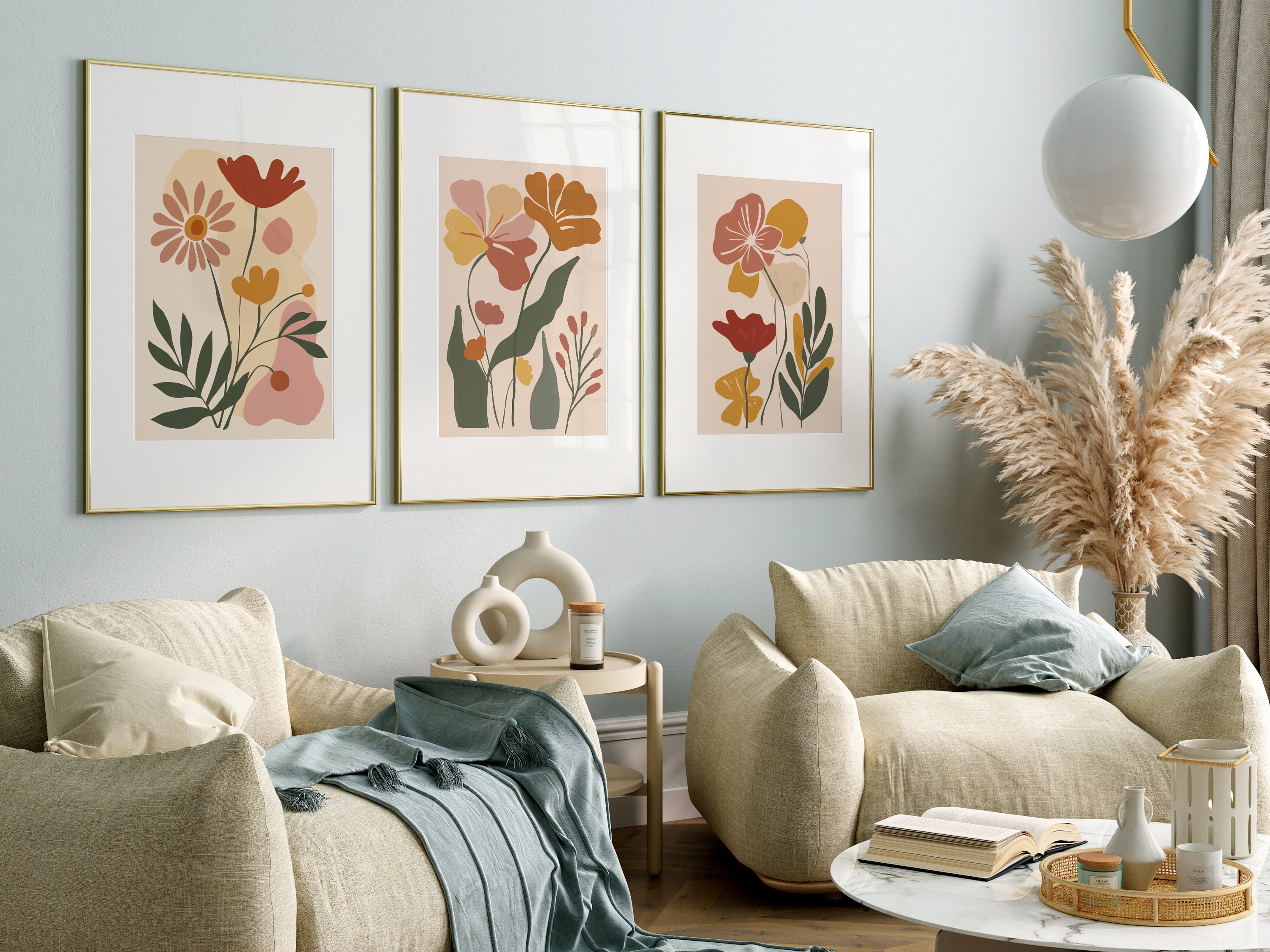 Flowers Boho Abstract Print Set of 3, Floral Wall Art, Botanical Art ...
