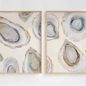 Oyster Watercolor Wall Art Set Of 2, Shell Painting Decor, Soft Colors Coastal Beach House Print, Dining Room Kitchen Print, Seaside Art