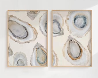 Oyster Watercolor Wall Art Set Of 2, Shell Painting Decor, Soft Colors Coastal Beach House Print, Dining Room Kitchen Print, Seaside Art