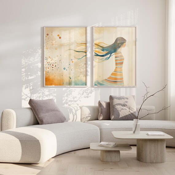 Abstract Woman Wall Art Print Set, Striped Dress, Minimalist