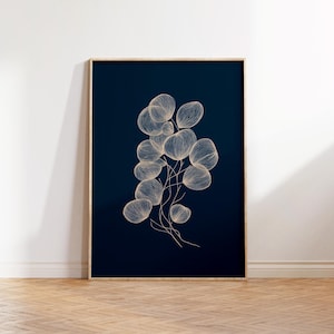 Abstract Botanical Flower Decor, Dark Blue Floral Wall Print, Beige Abstract Flower Poster, Large Printable Art, Trendy Boho Printable Art