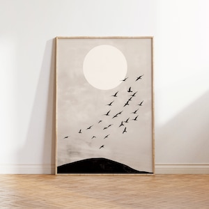 Japandi Beige Sun Art, neutrale fliegende Vögel Wandkunst, Wabi Sabi Landschaftsdruck, Wohnzimmer Dekor, japanische Kunst, Scandi Schlafzimmer Poster