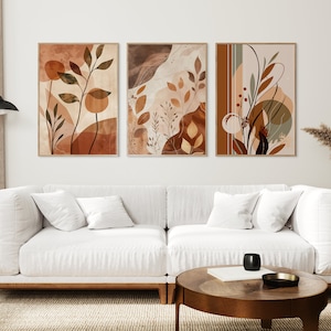 Mid Century Art Set of 3, Bohemian Terracotta Wall Art, Boho Abstract Wall Art Prints, Modern Floral Poster, Trendy MCM Printable Wall Decor