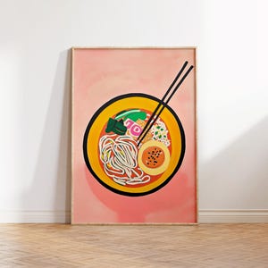 Ramen Chop Sticks Wall Art, Pink Kitchen Food Decor, Retro Japanese Ramen Art Poster, Noodles Ramen Soup Print, Cute Trendy Printable Art
