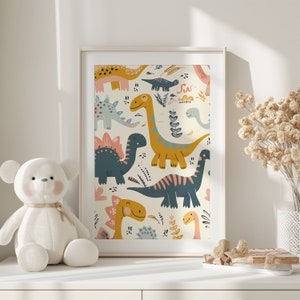 Dinosaur Kids Room Wall Art, Nursery Whimsical Decor, Playful Dinosaurs Printable, Colorful Animal Illustration Print, Children Room Poster
