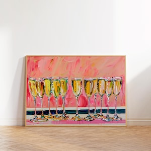 Champagne Glasses Wall Art, Preppy Dorm Decor, Aesthetic Girly Champagne Bar Print, Pink Retro Alcohol Poster, Trendy Maximalist Funky Art