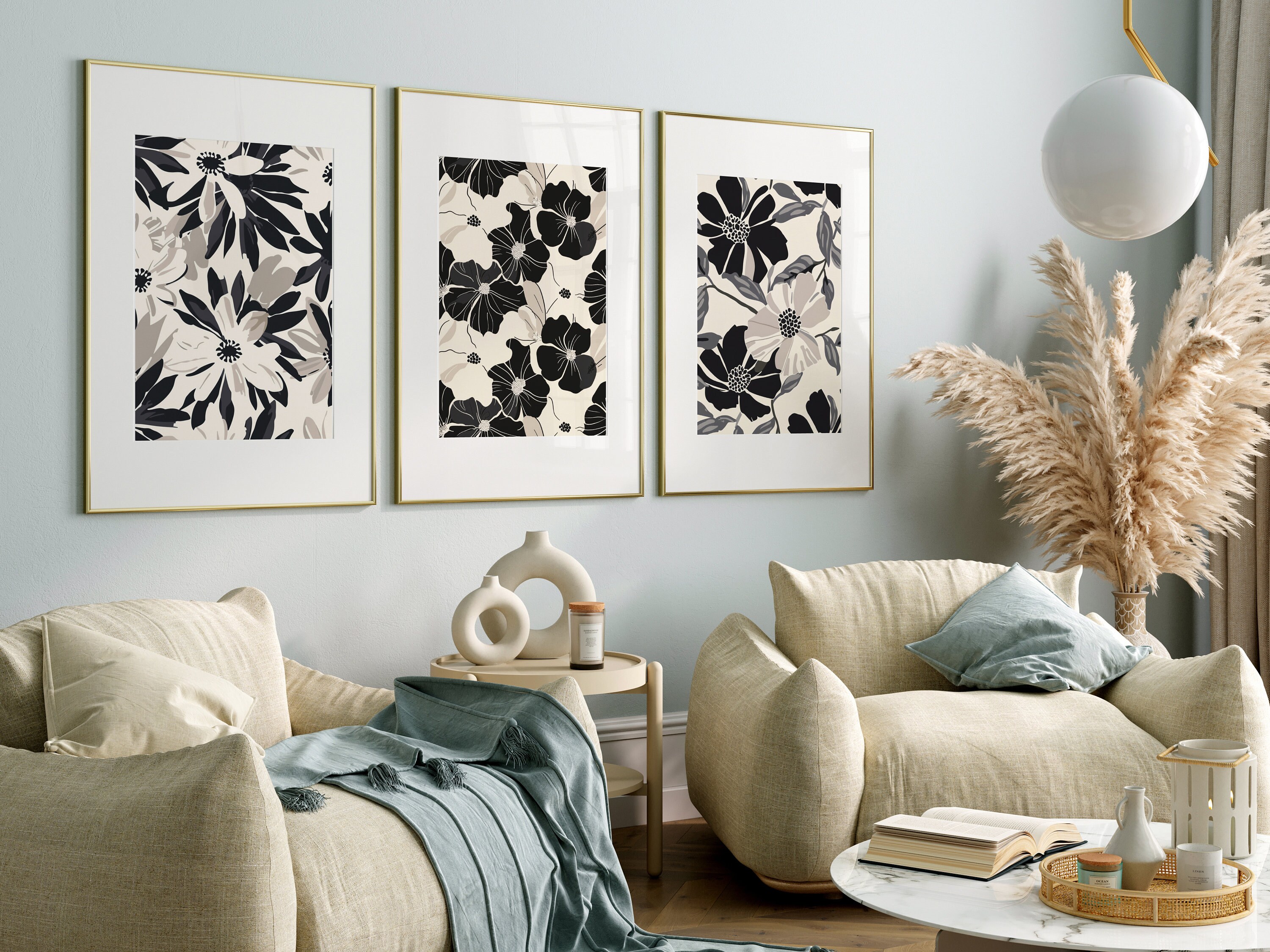 Abstract Botanical Art, Black and White Wall Art Set of 3, Digital ...