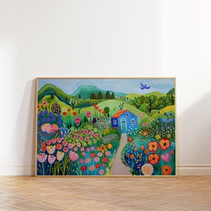 Bunte Landschaft Wandkunst, Blumengarten Landschaft, helle Sommer Illustration, lebendige Blumen bedruckbar, botanische Zeichnung, Patchwork Kunst